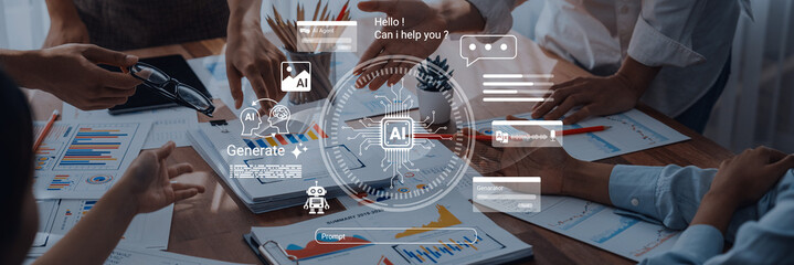 Fototapeta premium A diverse team actively engages in a collaborative project focused on AI technology, surrounded by analytical charts and modern tools, highlighting creativity and innovation. Ledger