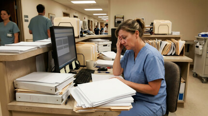 Obraz premium Stressed woman nurse sitting at hospital desk with stack of document and computer. Overworked medical worker feeling tired at workplace. Healthcare professional burnout and pressure concept.