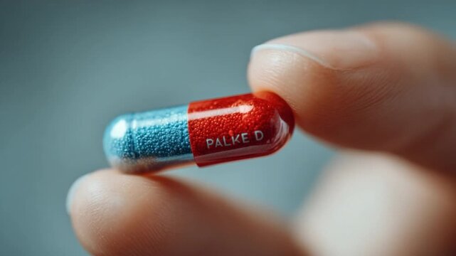 Close-up of a person holding a vibrant red and blue capsule with the word PALKE D visible on a blurred background