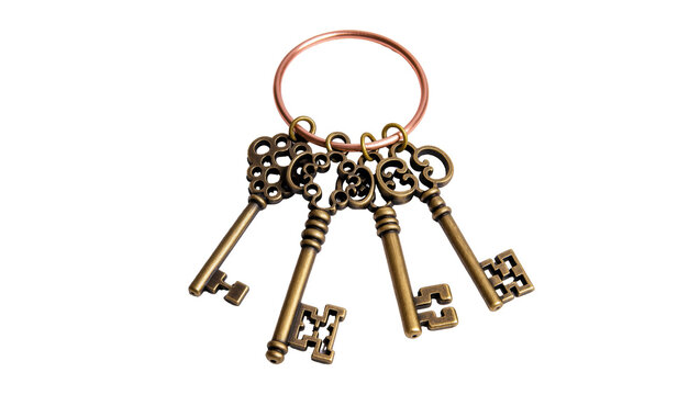 Elegant antique skeleton keys on a copper keyring, representing secrets, opportunities, and history