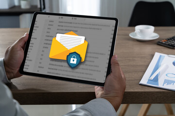 Secure email management concept lock shield over mailbox interface , digital email security, authentication, data privacy, and enterprise IT security monitoring.