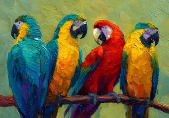 Colorful Parrots on Branch Oil Painting Style Vibrant Tropical Birds Artistic Texture
