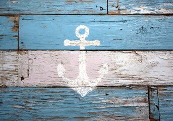 Rustic Wooden Background with White Anchor Symbol, Nautical Maritime Vintage Texture