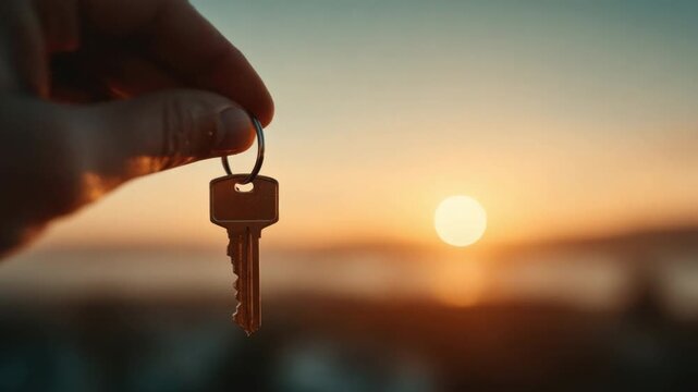 Hand Holding Key Against Sunset with Scenic Background and Soft Focus on Horizon