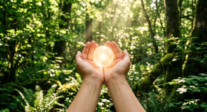Hands cupping radiant orb of light amidst lush forest sunlight rays with two cupped hands hold a