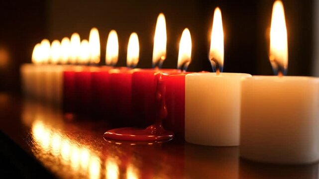 Close up view of burning candles in a row with soft warm lighting and a blurry background.