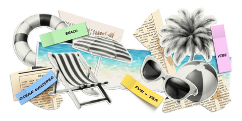 Vector summer and ocean illustrations cut out from magazines, scraps of old newspapers and stickers with quotes. Trendy retro elements with a halftone effect for collage, poster, banner, cover design. © Alexandra Lipina