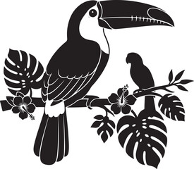 Fototapeta premium Silhouette of colorful toucan and tropical leaves on white, Generative Ai