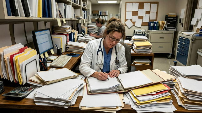 Woman doctor writing medical records in a cluttered office. Physician buried in paperwork and clinical documentation at the hospital. Busy healthcare professional managing patient charts.