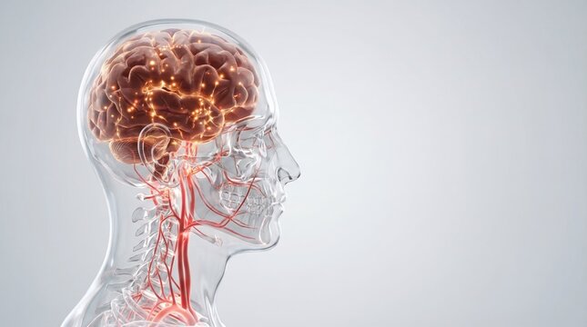 3D render of transparent human head showing glowing brain network and red cardiovascular system with right copy space for medical education and tech typography.