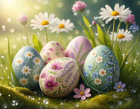 Easter eggs with floral patterns sitting among flowers and grass with a shallow depth of field and warm cinematic lighting in a natural outdoor setting.