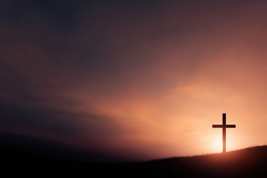 Christian crucifix cross on hill sunset background faith hope religion concept