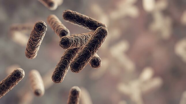 SEM style 3D medical visualization of dense bacilli with rugged cracked earth surface, scanning electron microscope rendering of bacterial infection for research and study