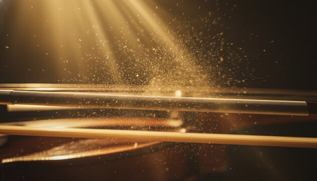 Violin bow playing on strings with flying golden rosin dust macro
