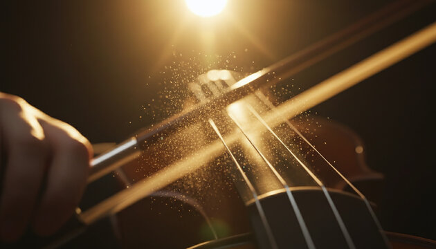Violin bow playing on strings with flying golden rosin dust macro