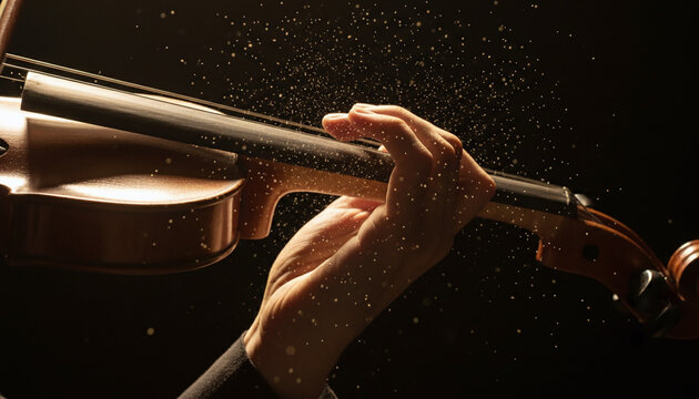 Violin bow playing on strings with flying golden rosin dust macro