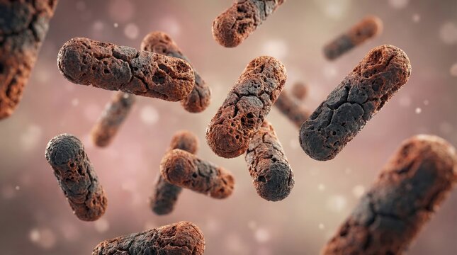 SEM style 3D visualization of rod shaped bacilli bacteria with rough porous surface texture