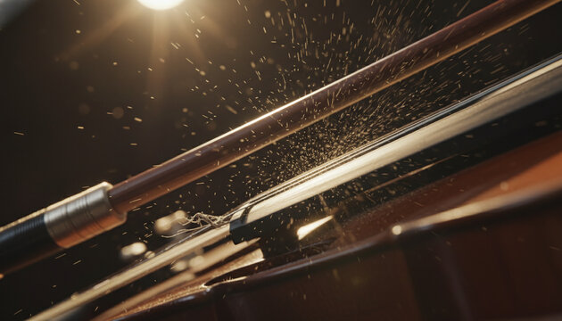 Violin bow playing on strings with flying golden rosin dust macro