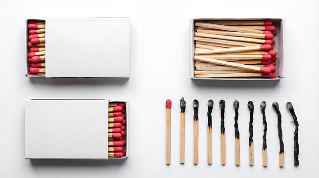 Wooden matches and matchboxes arranged on white background in minimal flat lay composition