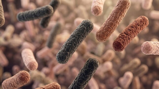 Microscopic cluster of rod shaped bacteria pathogens in 3D scientific visualization