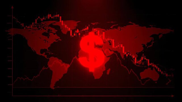 Global Financial Crisis Dollar Symbol on World Map Red Gloomy Background.