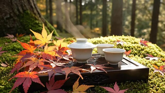 Serene autumnal tea ceremony in a mossy forest with vibrant Japanese maple leaves and warming steam.