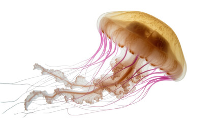 Captivating amber jellyfish with elegant flowing magenta tentacles and translucent bell. © Rowan
