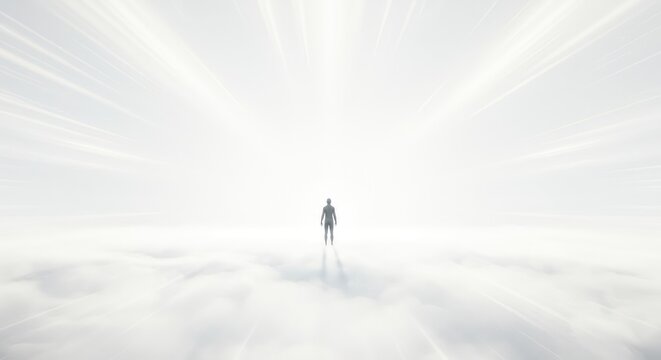 A bright, ethereal scene depicting an infinite expanse of white light and gentle mist, symbolizing spiritual ascension and overcoming earthly constraints, transcendence, mystical, hope