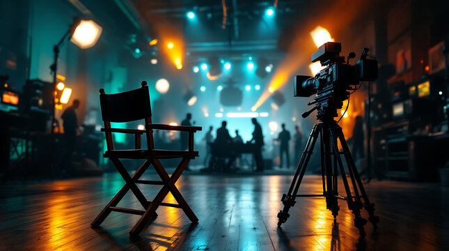 A film set with a director's chair in the foreground and a camera on a tripod, illuminated by dramatic stage lighting.