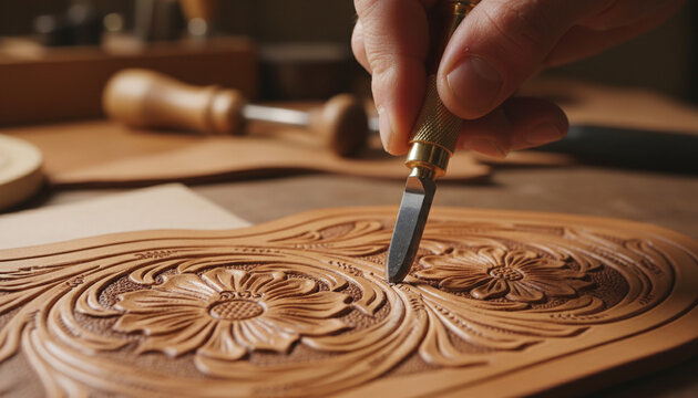 Traditional Sheridan style leather carving floral pattern with swivel knife