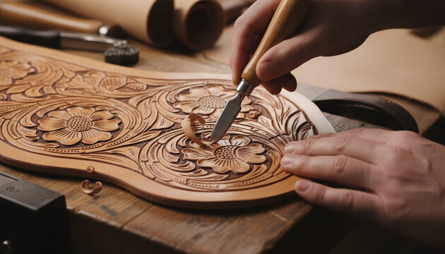 Traditional Sheridan style leather carving floral pattern with swivel knife