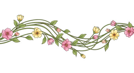 A delicate, flowing vine with pink and yellow flowers and green leaves © Sendal