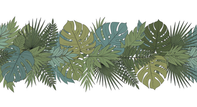 A border of overlapping tropical leaves in shades of green and blue