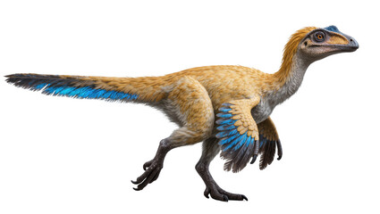 Realistic feathered dinosaur with vibrant blue wings and tail feathers in dynamic running pose © Rowan