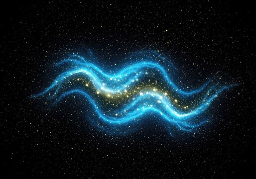 Abstract cosmic digital background showing glowing blue waves interacting with scattered yellow and white particles in a deep dark field, pattern, concept, mesh