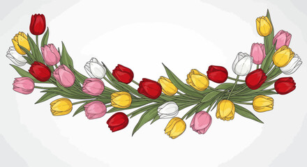 Fototapeta premium A decorative garland of red, pink, yellow, and white tulips on a light background