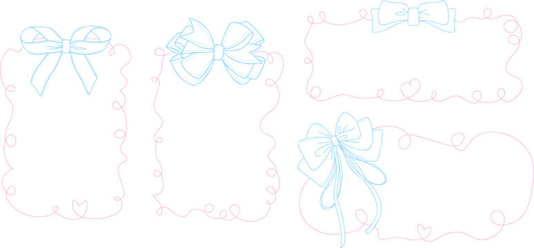 Hand Drawn Ribbon Bow Frames Set with Decorative Swirls and Hearts, Elegant Line Art Borders for Wedding Invitations, Greeting Cards, Branding, Packaging and Romantic Design Templates