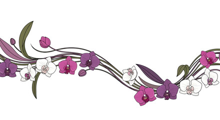 Fototapeta premium Decorative horizontal border of flowing vines with orchid blossoms and leaves