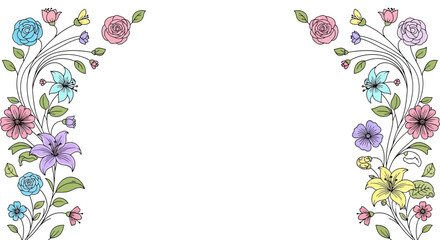 Delicate floral vines with various pastel-colored flowers frame a white background © Sendal