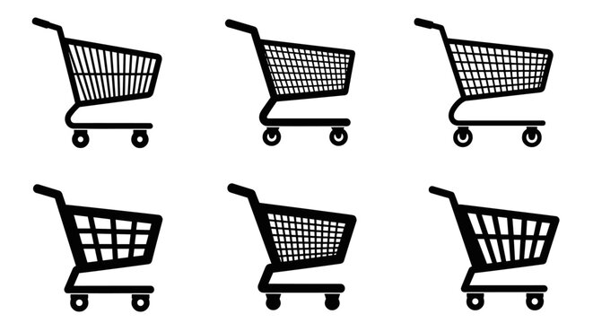 Set of six shopping cart icons in black and white.