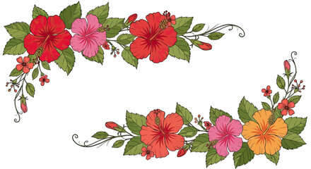 Colorful hibiscus flowers and leaves arranged in two decorative corner borders © Sendal
