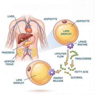 Adipocyte lipid droplet breakdown and energy release A visual explanation of triglyceride metabolism