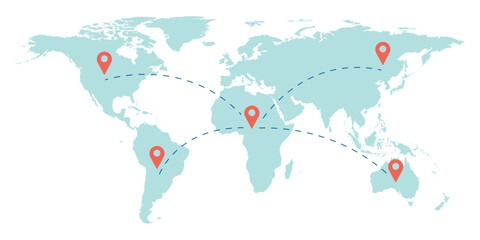 Air plane flight route with red pin point and dash line trace. Planning & Location world map. © Kateryna