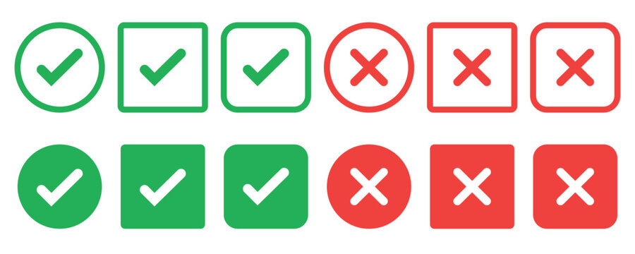 Green tick and red cross checkmarks. Right or wrong icons. Yes or no icons.