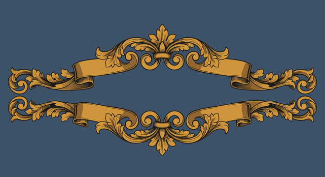 Ornate gold banners flank elaborate scrolling floral designs on a blue backdrop