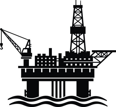 Flat vector illustration of offshore oil drilling platform, silhouette design, industrial infrastructure, ocean waves, derrick tower, crane, helipad structure