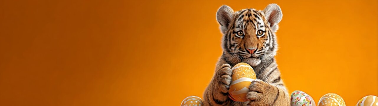 Embrace spring with a vibrant easter scene and adorable wildlife. Cinema artwork. Charming tiger cub with easter egg on a pastel sky backdrop. Film poster. Promotional poster.