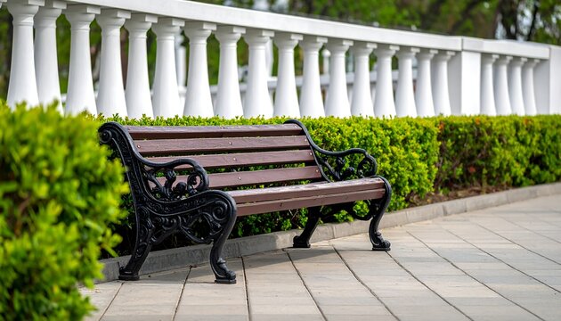 A park bench with decorative ironwork, set against a backdrop of a white balustrade and green foliage