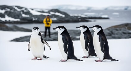 Obraz premium A group of penguins standing on snowy ground with a person in the background
