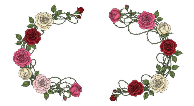 Two ornate thorny rose vine borders with red, pink, and cream roses